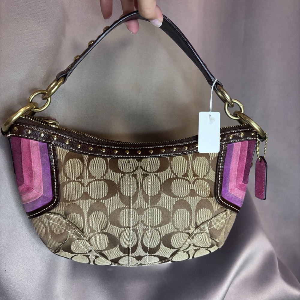 Vintage Coach Signature Jacquard Hobo Shoulder Bag Y2K Studded Brown Purple - Picture 2 of 10